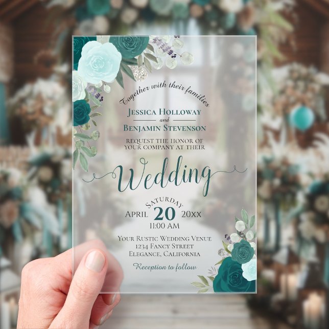 Elegant Teal & Aqua Watercolor Roses Boho Wedding Acrylic Invitations (Creator Uploaded)