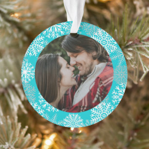 Elegant Teal Aqua White Winter Snowflakes Photo Ornament