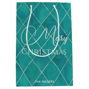 Elegant Teal Argyle Pattern Merry Christmas Medium Gift Bag