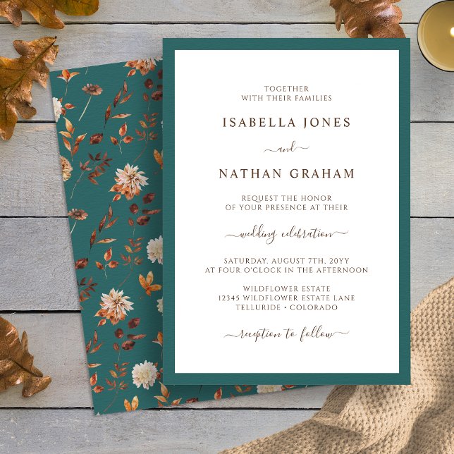 Elegant Teal Autumn Wedding Invitation (Elegant Teal Simple Autumn Leaves Wedding Invitation by Painted Paperie
)