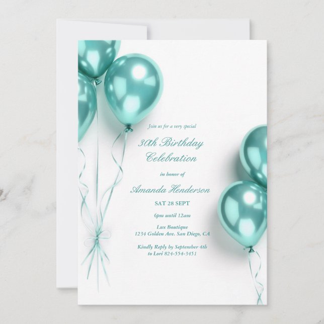 Elegant Teal Balloon Birthday Party Invitation (Front)