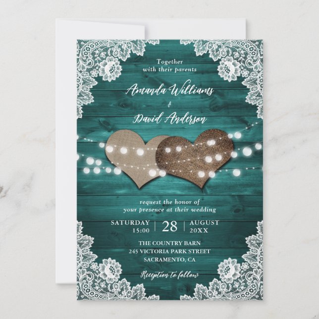 Elegant Teal Barn Wood Lace String Lights Wedding Invitation (Front)