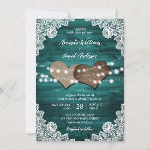Elegant Teal Barn Wood Lace String Lights Wedding Invitation