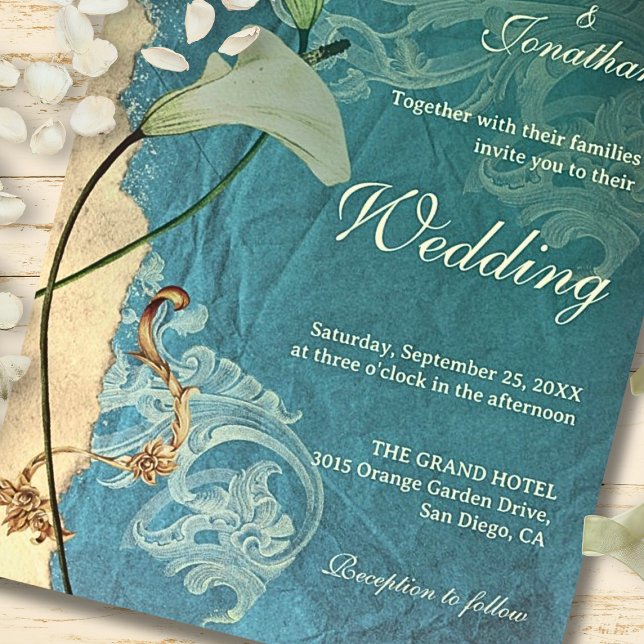 Elegant Teal Baroque with Calla Lilies Wedding Invitation (Creator Uploaded)