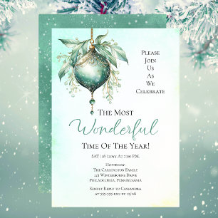 Elegant Teal Bauble Most Wonderful Time Year Party Invitation