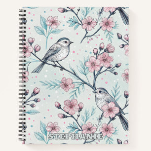 Elegant Teal Birds Pink Cherry Blossoms Notebook