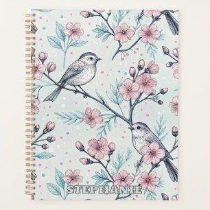 Elegant Teal Birds Pink Cherry Blossoms Planner