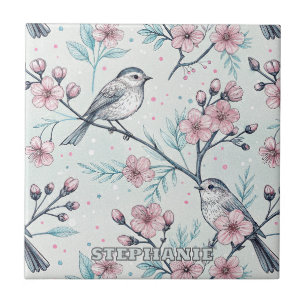 Elegant Teal Birds Pink Cherry Blossoms Tile