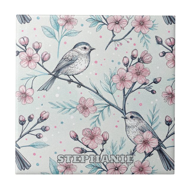 Elegant Teal Birds Pink Cherry Blossoms Tile (Front)