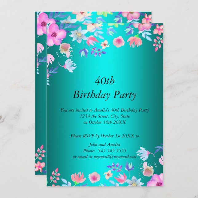 Elegant Teal birthday party invitation (Front/Back)