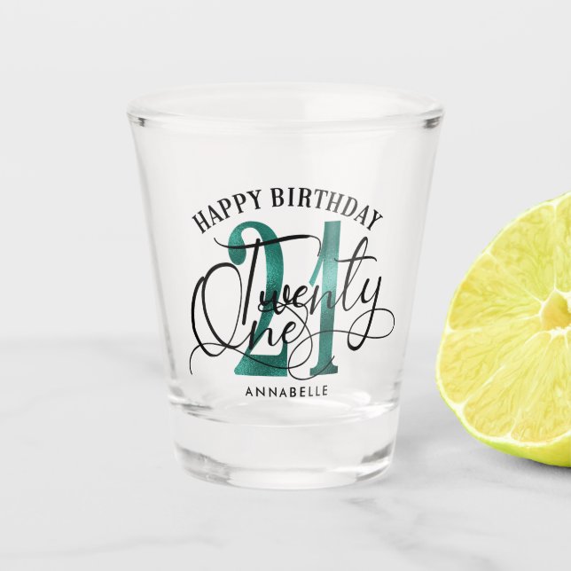 Elegant Teal & Black 21st Birthday  Shot Glass (Front)