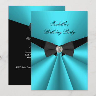 Elegant Teal Black Bow Tie Birthday Party Diamond Invitation