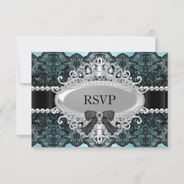 Elegant Teal & Black Diamond Lace RSVP (Front)