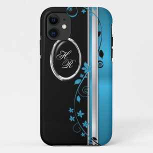 Elegant Teal & Black Floral Monogram iPhone 5 Case