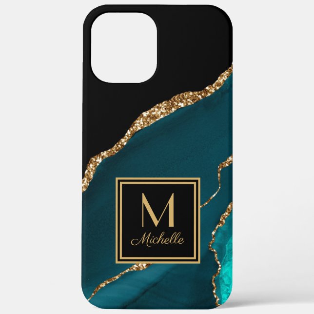 Elegant Teal Black Gold Monogram Initial Name   Case-Mate iPhone Case (Back)