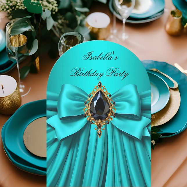 Elegant Teal Black Jewel Bow Birthday Party Invitation (Creator Uploaded)