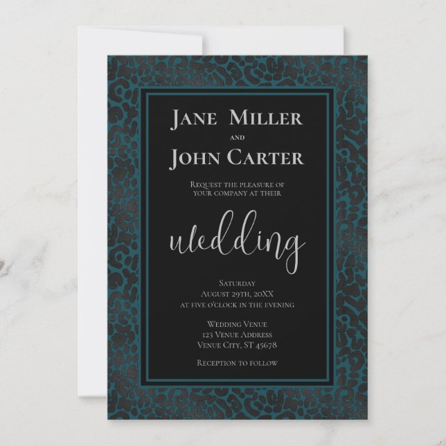 Elegant Teal Black Leopard Print Wedding Invitation (Front)
