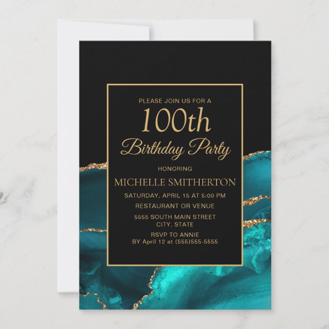 Elegant Teal Black Marble Gold 100th Birthday  Invitation (Front)
