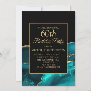 Elegant Teal Black Marble Gold 60th Invitation