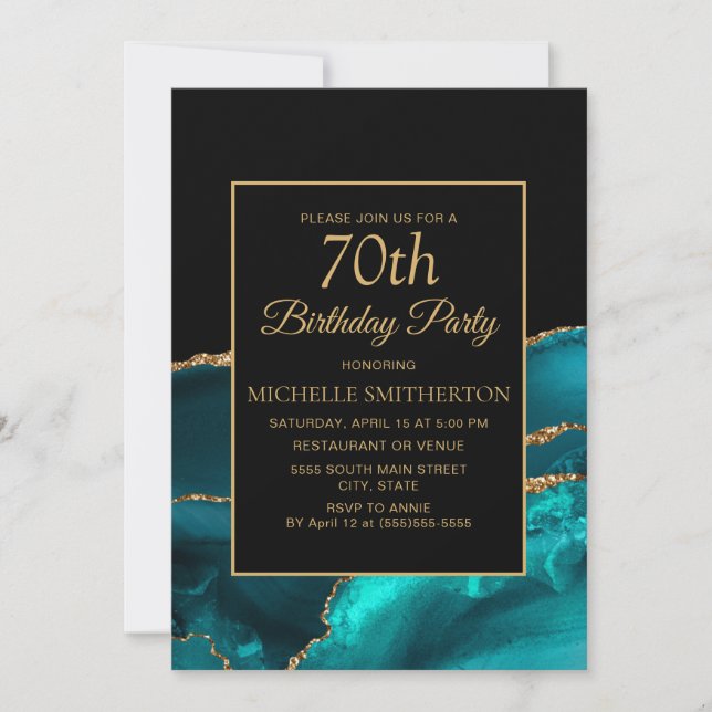 Elegant Teal Black Marble Gold 70th Birthday Invitation (Front)