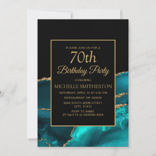 Elegant Teal Black Marble Gold 70th Birthday Invitation