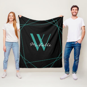 Elegant Teal Black Monogram Geometric Name Script  Fleece Blanket