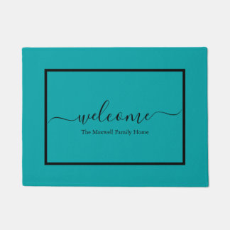 Elegant teal black script family name welcome doormat
