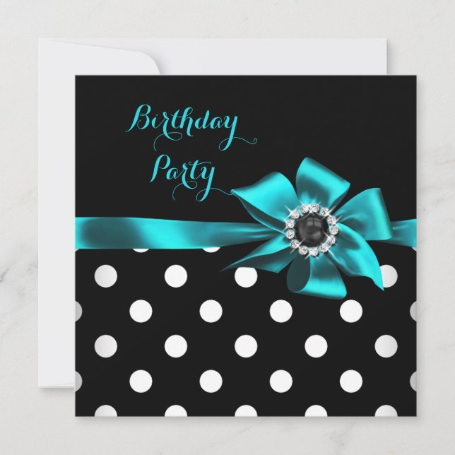 Elegant Teal Black White Polka Dots Birthday Party Invitation (Front)