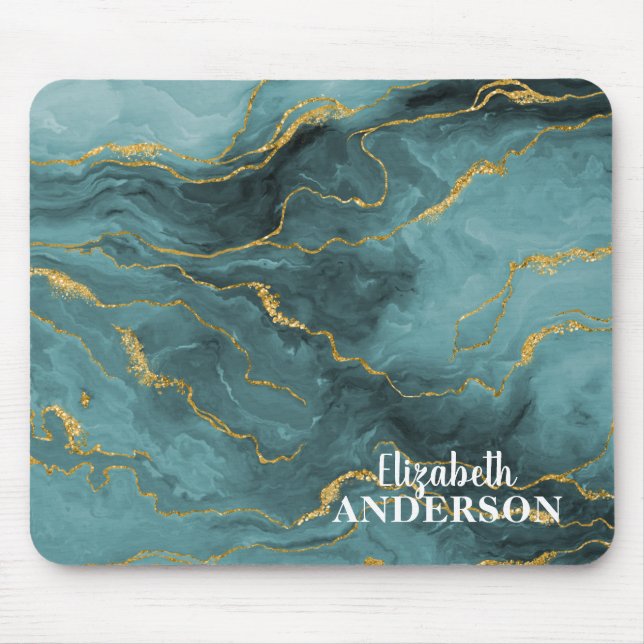 Elegant Teal Blue Agate Geode Marble Monogram Name Mouse Mat (Front)