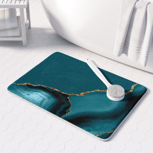 Elegant Teal Blue Agate Gold Glitter Bath Mat