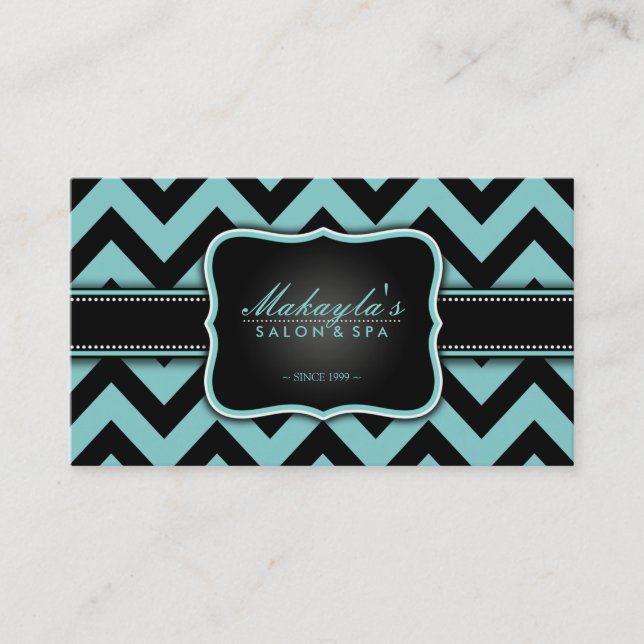 Elegant Teal Blue and Black Chevron Pattern Business Card (Front)
