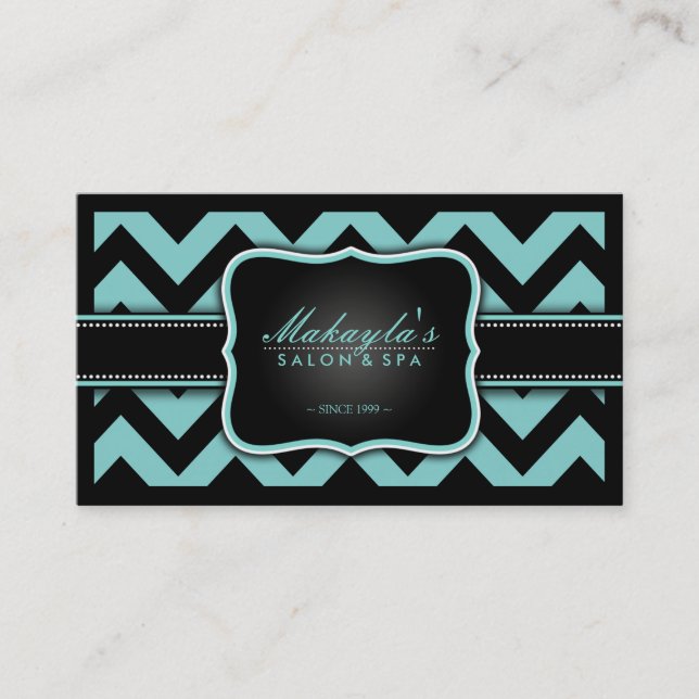 Elegant Teal Blue and Black Chevron Pattern Business Card (Front)