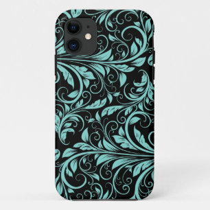 Elegant teal blue and black damask floral pattern iPhone 11 case