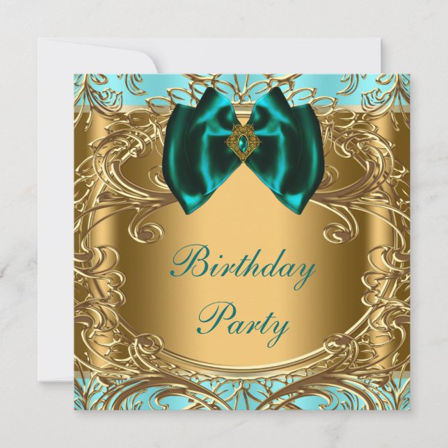 Elegant Teal Blue and Gold Birthday Party Invitation (Front)