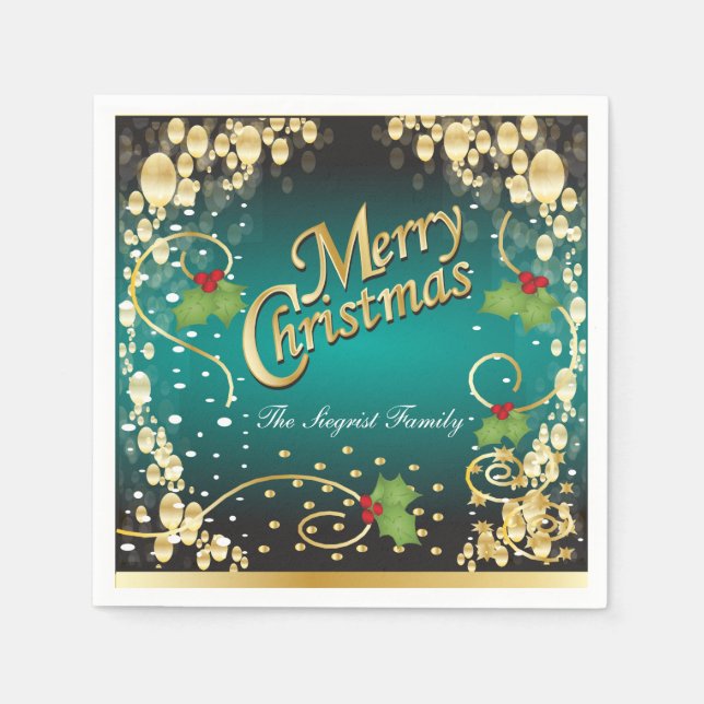 Elegant Teal Blue and Gold Christmas Napkin (Front)