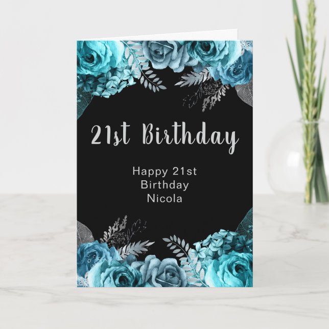 Elegant Teal Blue and Silver Flower Birthday Party Card (Front)