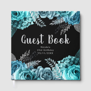 Elegant Teal Blue and Silver Flower Birthday Party Guest Book