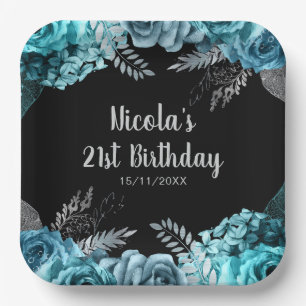 Elegant Teal Blue and Silver Flower Birthday Party Paper Plate