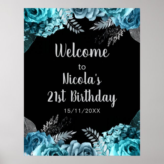 Elegant Teal Blue and Silver Flower Birthday Party Poster (Front)