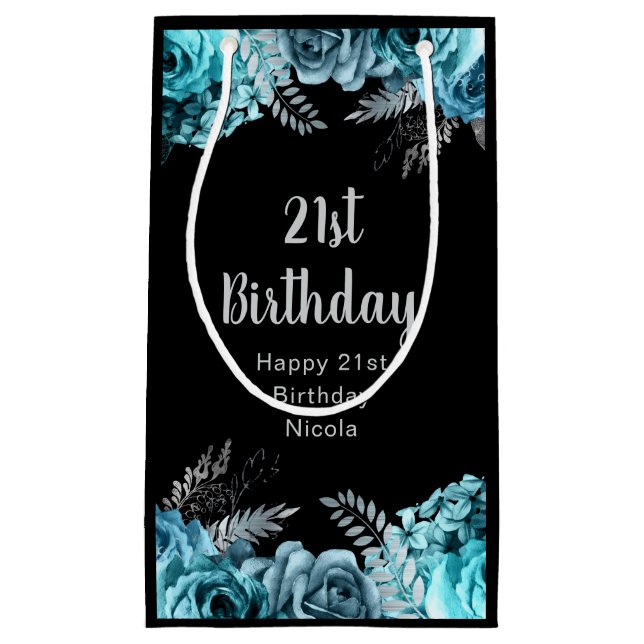 Elegant Teal Blue and Silver Flower Birthday Party Small Gift Bag (Front)