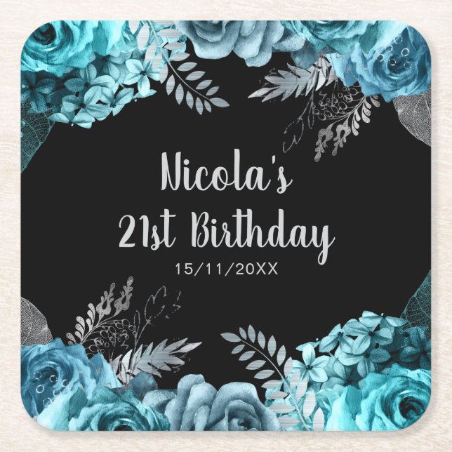 Elegant Teal Blue and Silver Flower Birthday Party Square Paper Coaster (Front)