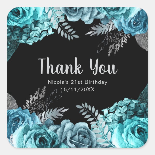 Elegant Teal Blue and Silver Flower Birthday Party Square Sticker (Front)