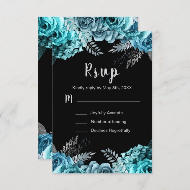 Elegant Teal Blue and Silver Flowers Sweet Sixteen RSVP Card (Front/Back)
