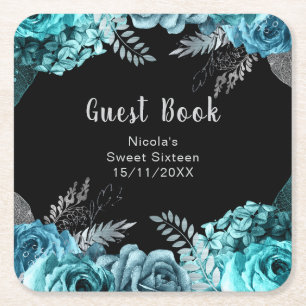 Elegant Teal Blue and Silver Flowers Sweet Sixteen Square Paper Coaster
