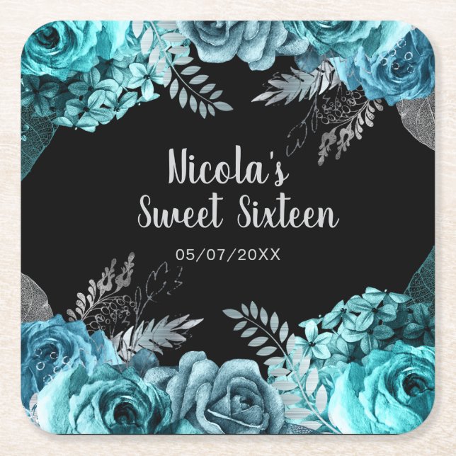 Elegant Teal Blue and Silver Flowers Sweet Sixteen Square Paper Coaster (Front)
