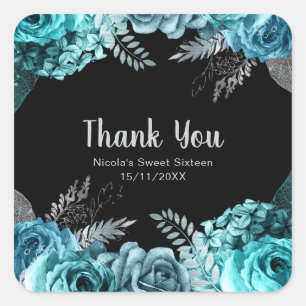 Elegant Teal Blue and Silver Flowers Sweet Sixteen Square Sticker