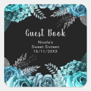 Elegant Teal Blue and Silver Flowers Sweet Sixteen Square Sticker