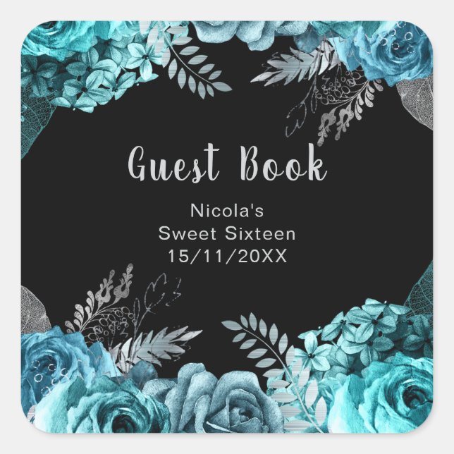 Elegant Teal Blue and Silver Flowers Sweet Sixteen Square Sticker (Front)