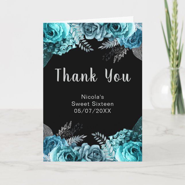 Elegant Teal Blue and Silver Flowers Sweet Sixteen Thank You Card (Front)