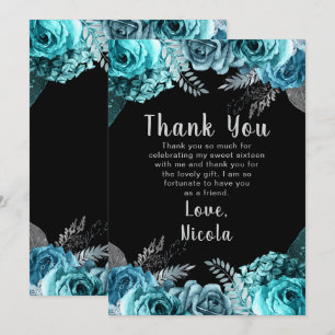 Elegant Teal Blue and Silver Flowers Sweet Sixteen Thank You Card